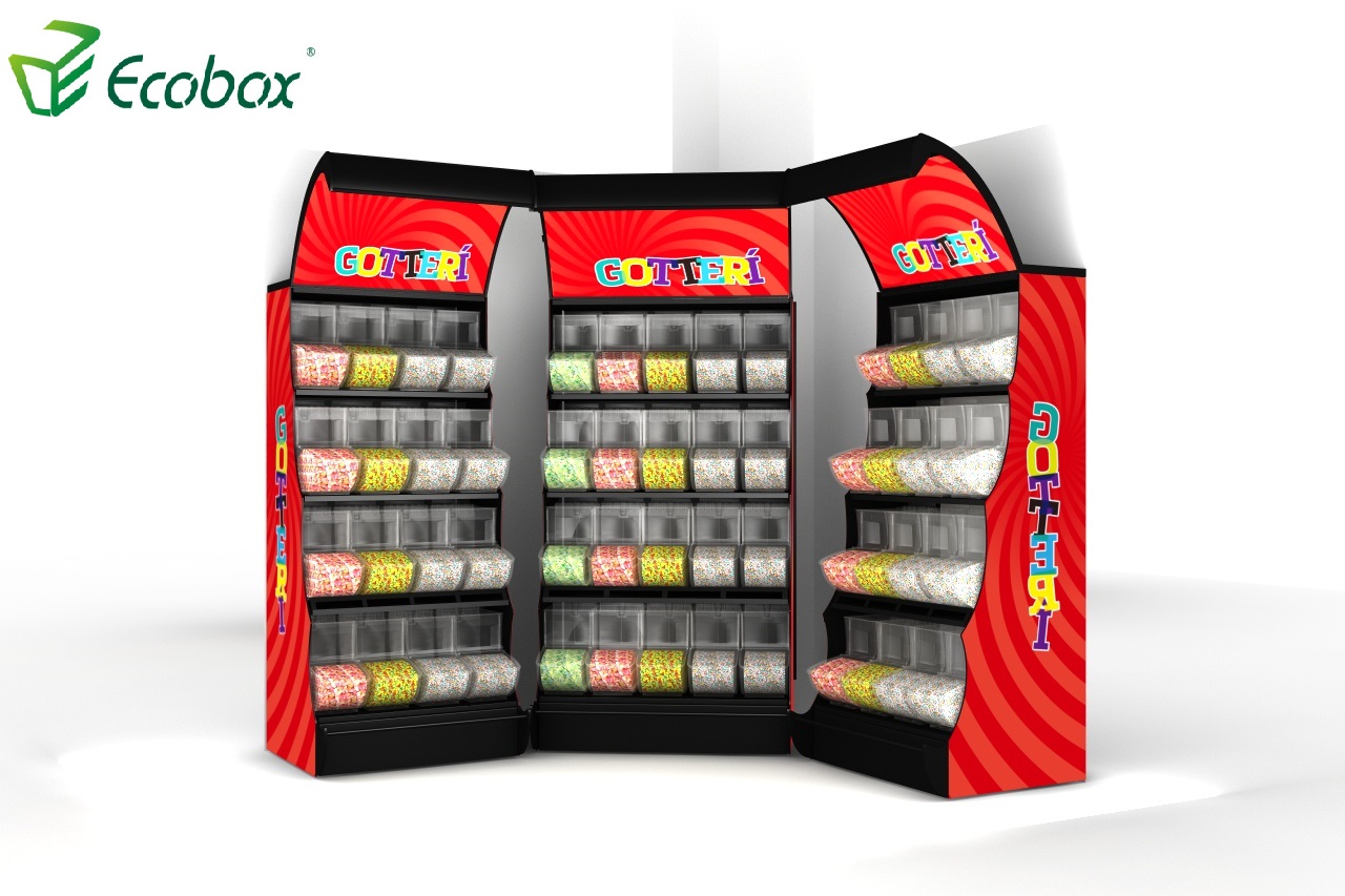 Ecobox TG-06101A rack de prateleira de exibição de doces de metal com caixas de colher cor preta