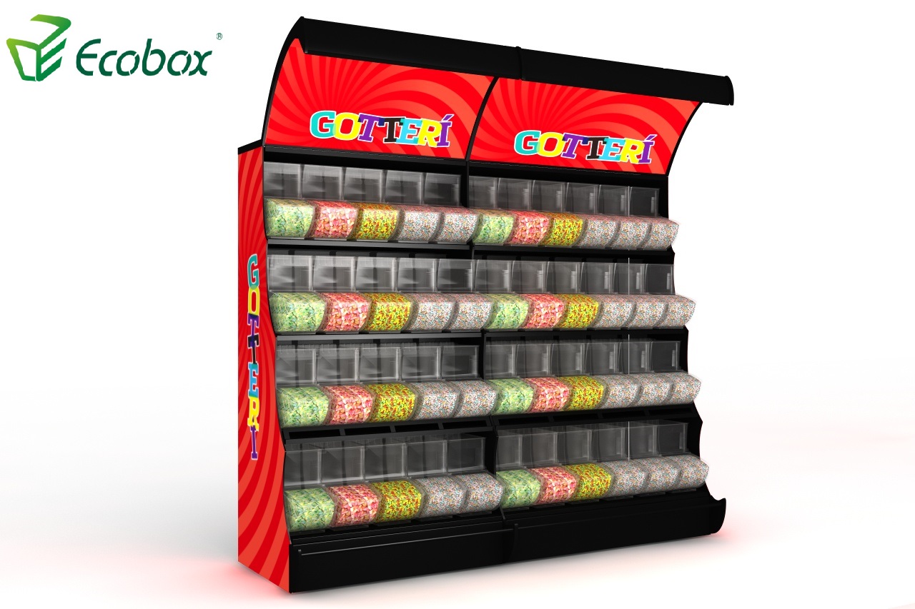 Ecobox TG-06101A rack de prateleira de exibição de doces de metal com caixas de colher cor preta