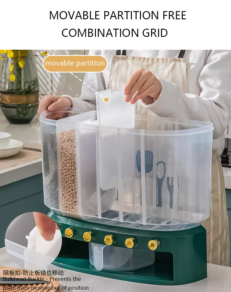 Caixa de armazenamento de alimentos de plástico dispensador de grãos e arroz dispensador de cereais recipiente dispensador de grãos de cozinha com copo